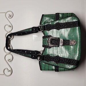 P & G large green/black faux leather jewel studded Western bag. Country class!